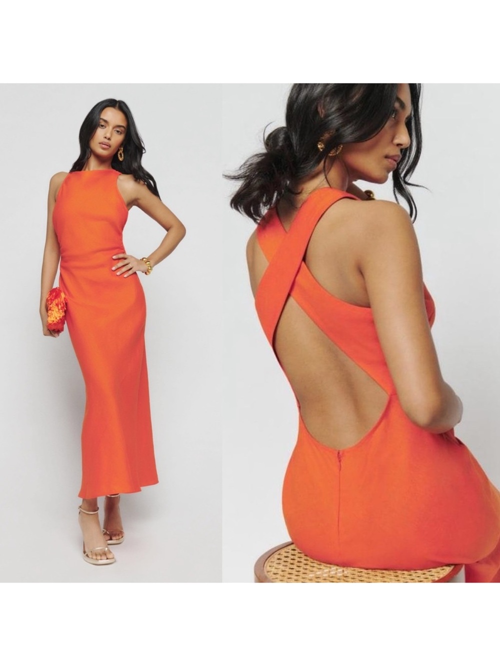 Reformation Casette Linen Midi Dress Flame Red Orange - Size 8